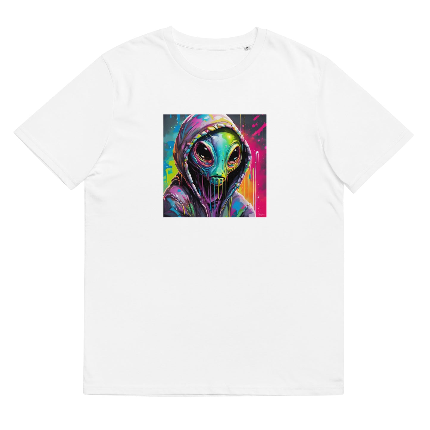 Unisex organic cotton t-shirt feat Hooded alien creature, by Nft_sellmaker