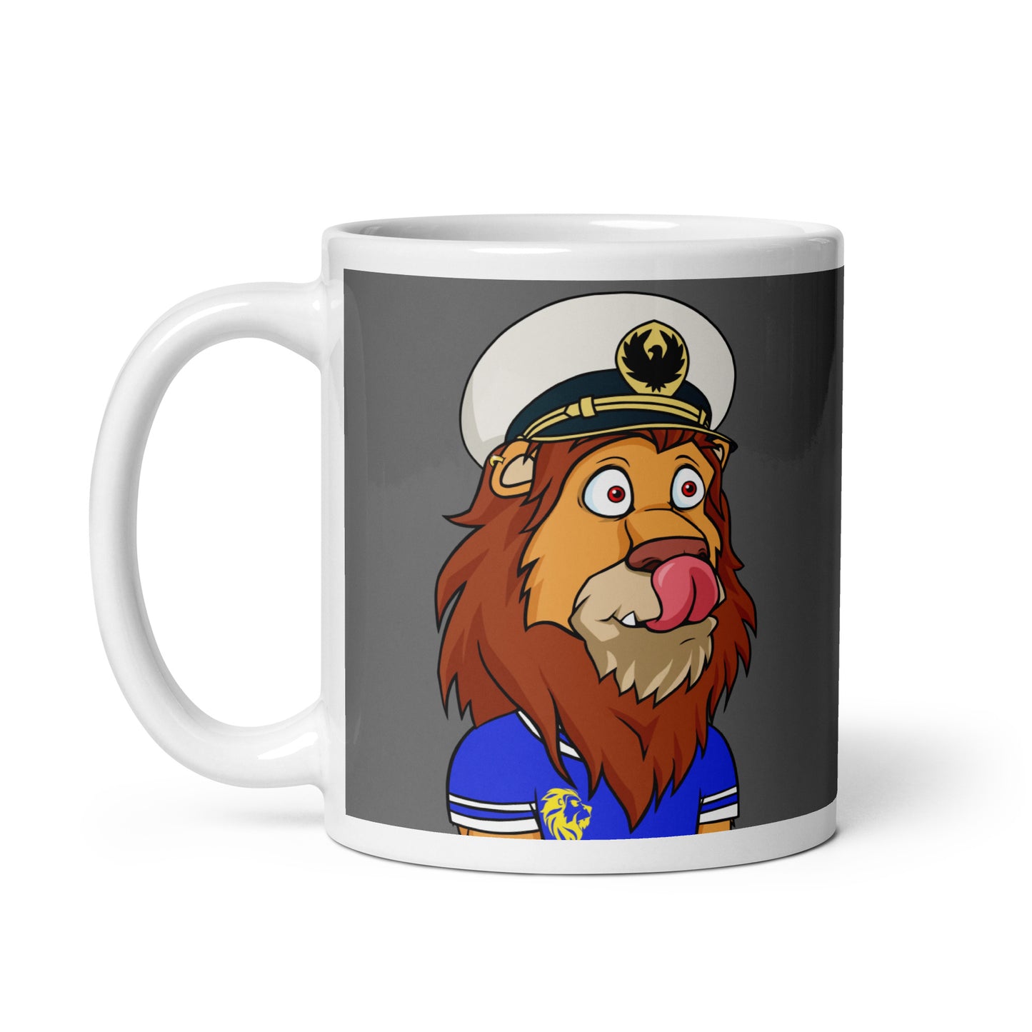 White glossy mug feat Lazy Lion #3317